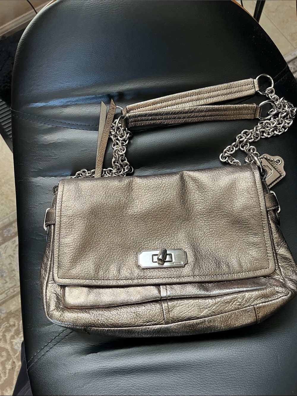 Coach Metallic Taupe Crossbody Shoulder Bag with Chain Strap